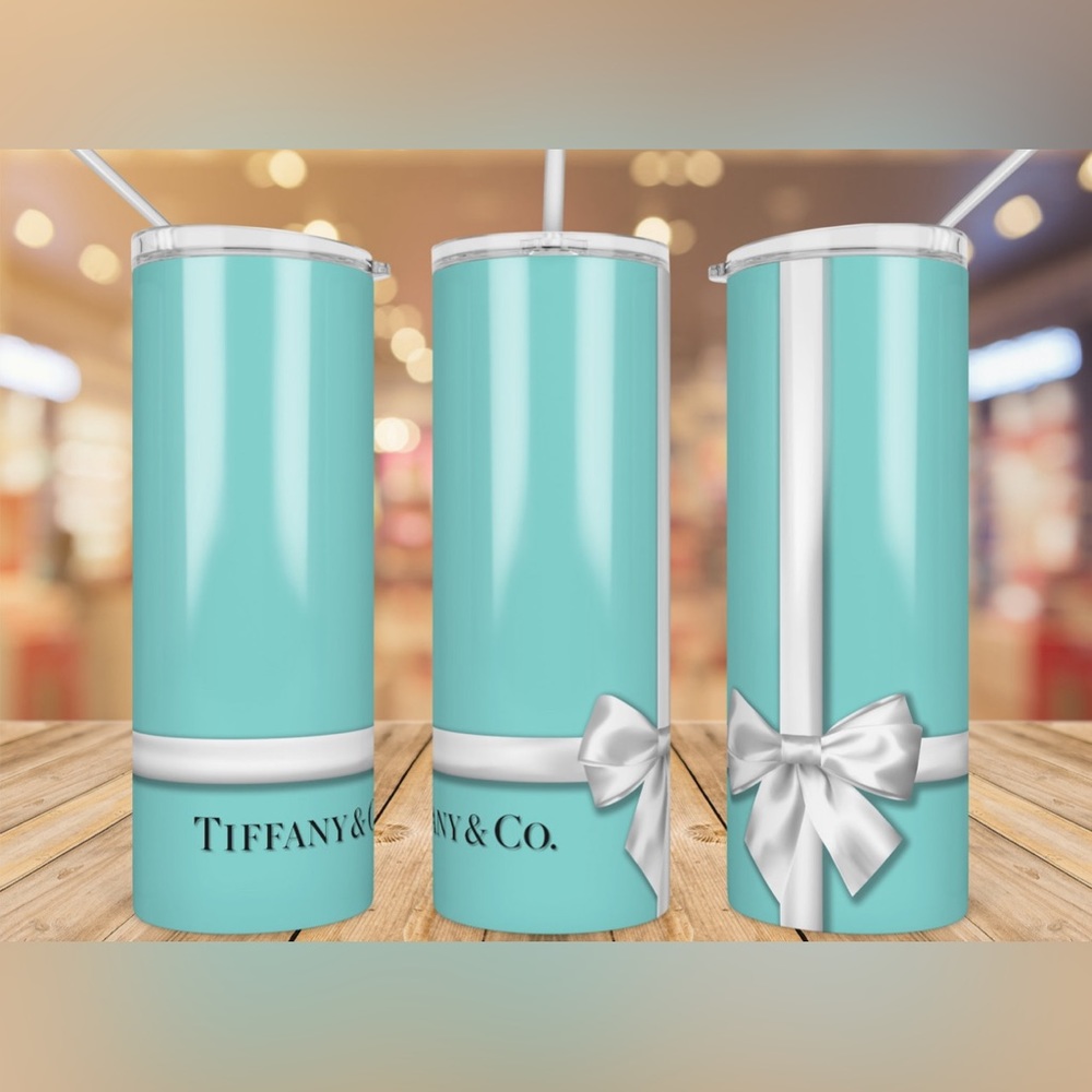 NWT Tiffany blue with ribbon STAINLESS STEEL TUMBLER 20 OZ W/STRAW
